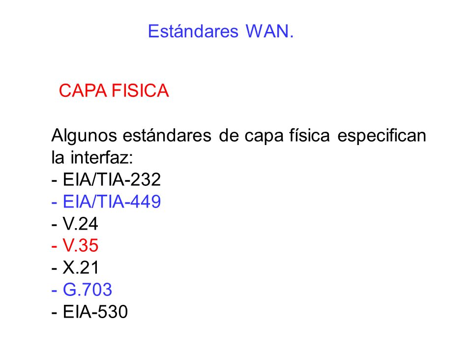 Estándares WAN. CAPA FISICA. Algunos estándares de capa física especifican la interfaz: - EIA/TIA-232.
