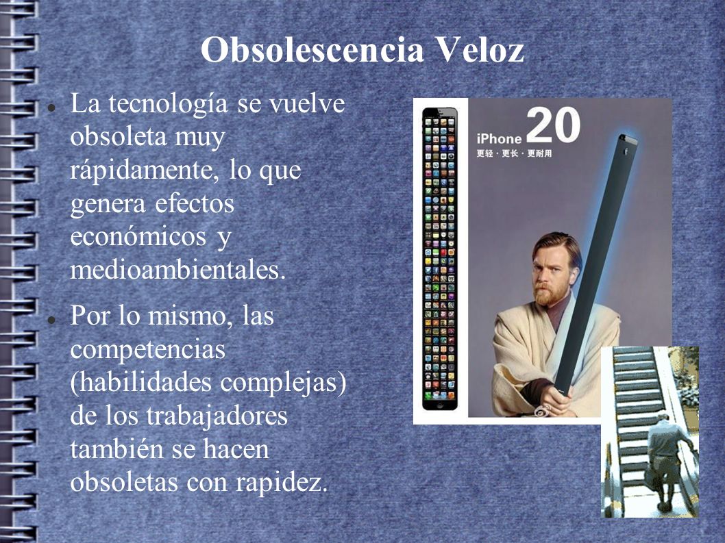 Obsolescencia Veloz La tecnología se vuelve obsoleta muy rápidamente, lo que genera efectos económicos y medioambientales.