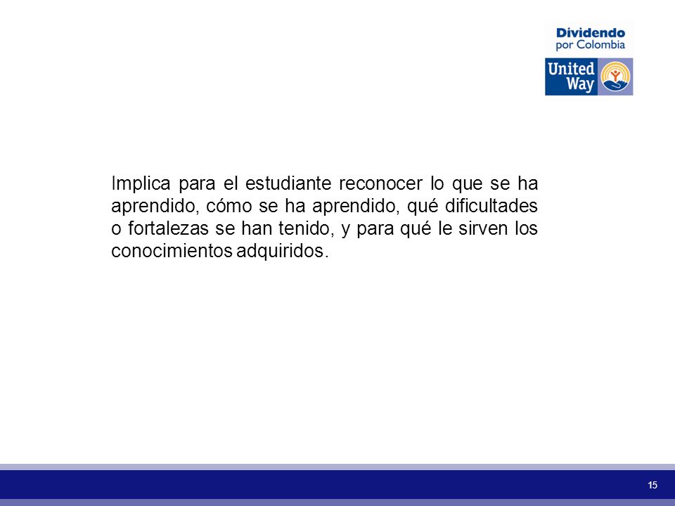 Implica para el estudiante reconocer lo que se ha aprendido, cómo se ha aprendido, qué dificultades o fortalezas se han tenido, y para qué le sirven los conocimientos adquiridos.