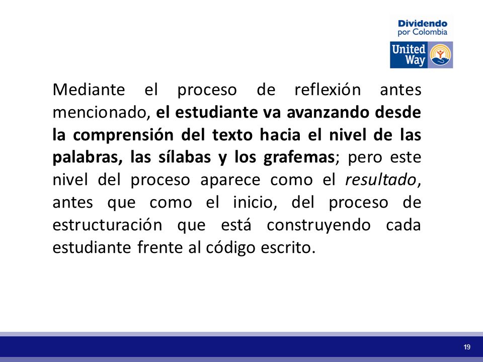 Mediante el proceso de reflexión antes mencionado, el estudiante va avanzando desde la comprensión del texto hacia el nivel de las palabras, las sílabas y los grafemas; pero este nivel del proceso aparece como el resultado, antes que como el inicio, del proceso de estructuración que está construyendo cada estudiante frente al código escrito.