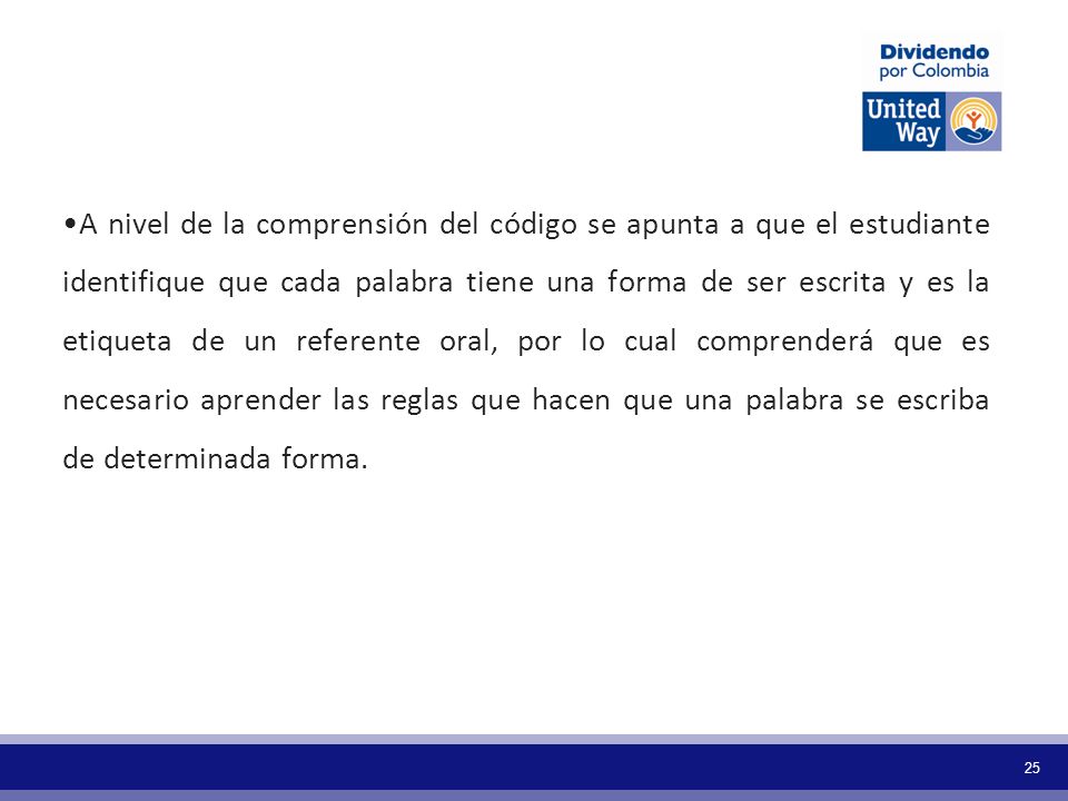 A nivel de la comprensión del código se apunta a que el estudiante identifique que cada palabra tiene una forma de ser escrita y es la etiqueta de un referente oral, por lo cual comprenderá que es necesario aprender las reglas que hacen que una palabra se escriba de determinada forma.