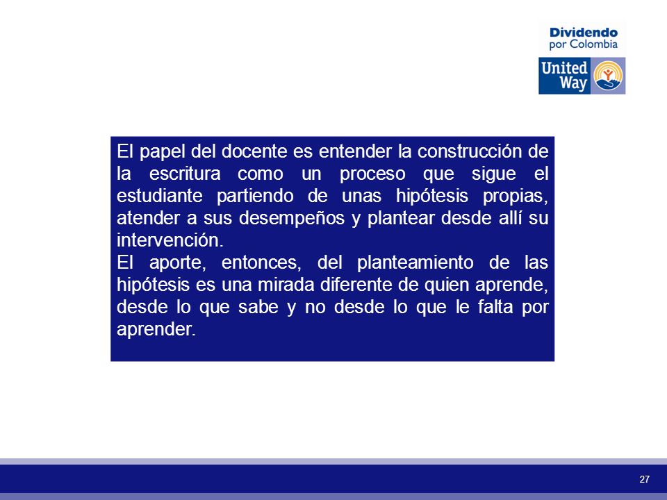 El papel del docente es entender la construcción de la escritura como un proceso que sigue el estudiante partiendo de unas hipótesis propias, atender a sus desempeños y plantear desde allí su intervención.