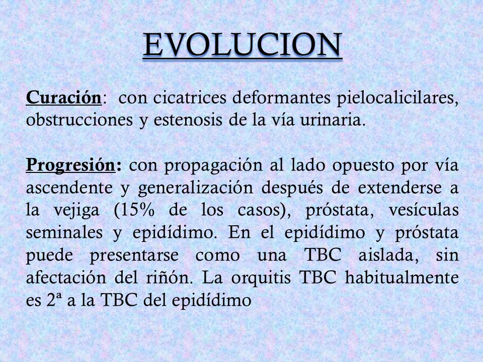 EVOLUCION Curación: con cicatrices deformantes pielocalicilares, obstrucciones y estenosis de la vía urinaria.