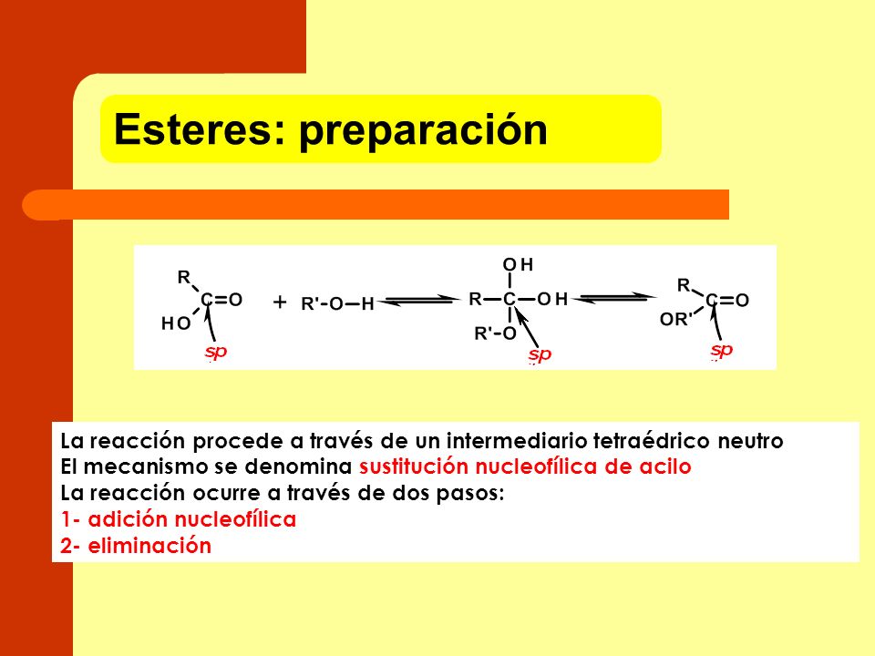 Esteres: preparación La reacción procede a través de un intermediario tetraédrico neutro. El mecanismo se denomina sustitución nucleofílica de acilo.