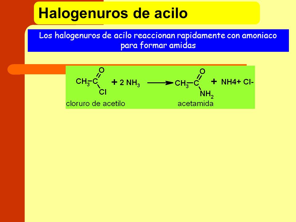 Halogenuros de acilo Los halogenuros de acilo reaccionan rapidamente con amoniaco para formar amidas.