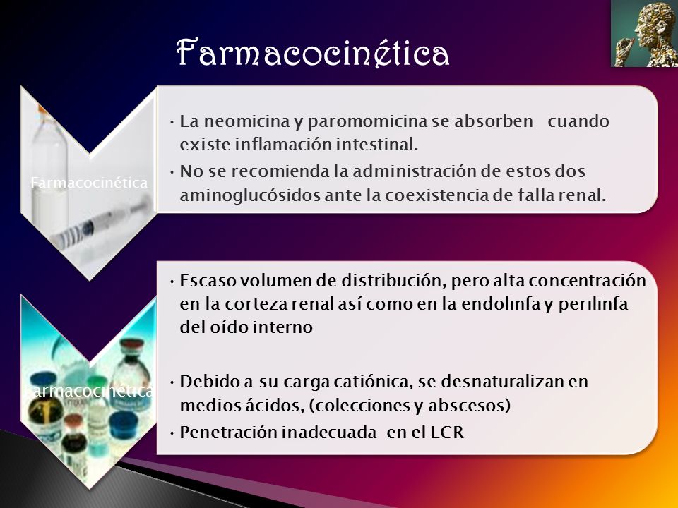 Farmacocinética Farmacocinética. La neomicina y paromomicina se absorben cuando existe inflamación intestinal.