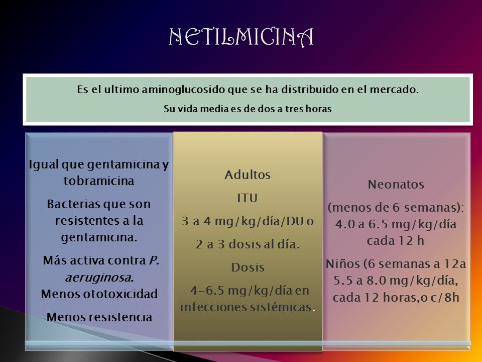 NETILMICINA Es el ultimo aminoglucosido que se ha distribuido en el mercado. Su vida media es de dos a tres horas.