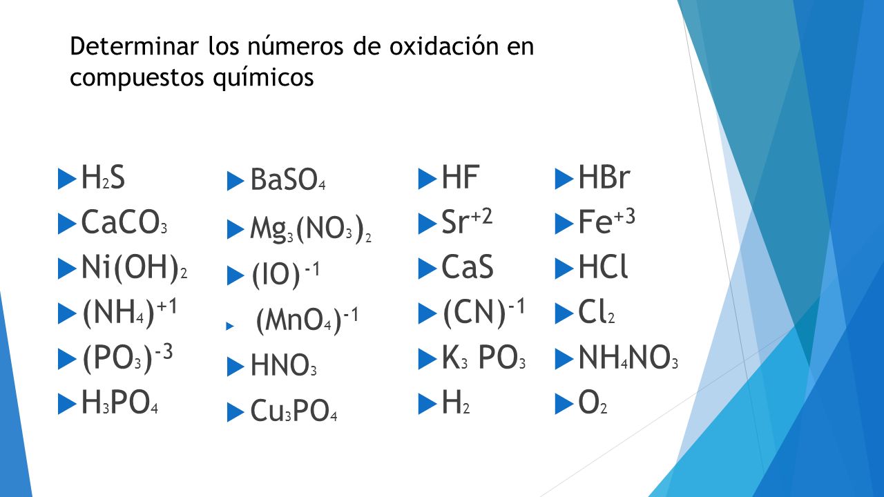 H2S CaCO3 Ni(OH)2 (NH4)+1 (PO3)-3 H3PO4 HF Sr+2 CaS (CN)-1 K3 PO3 H2