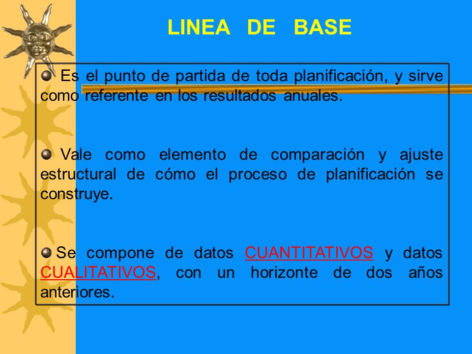 LINEA DE BASE Es el punto de partida de toda planificación, y sirve como referente en los resultados anuales.