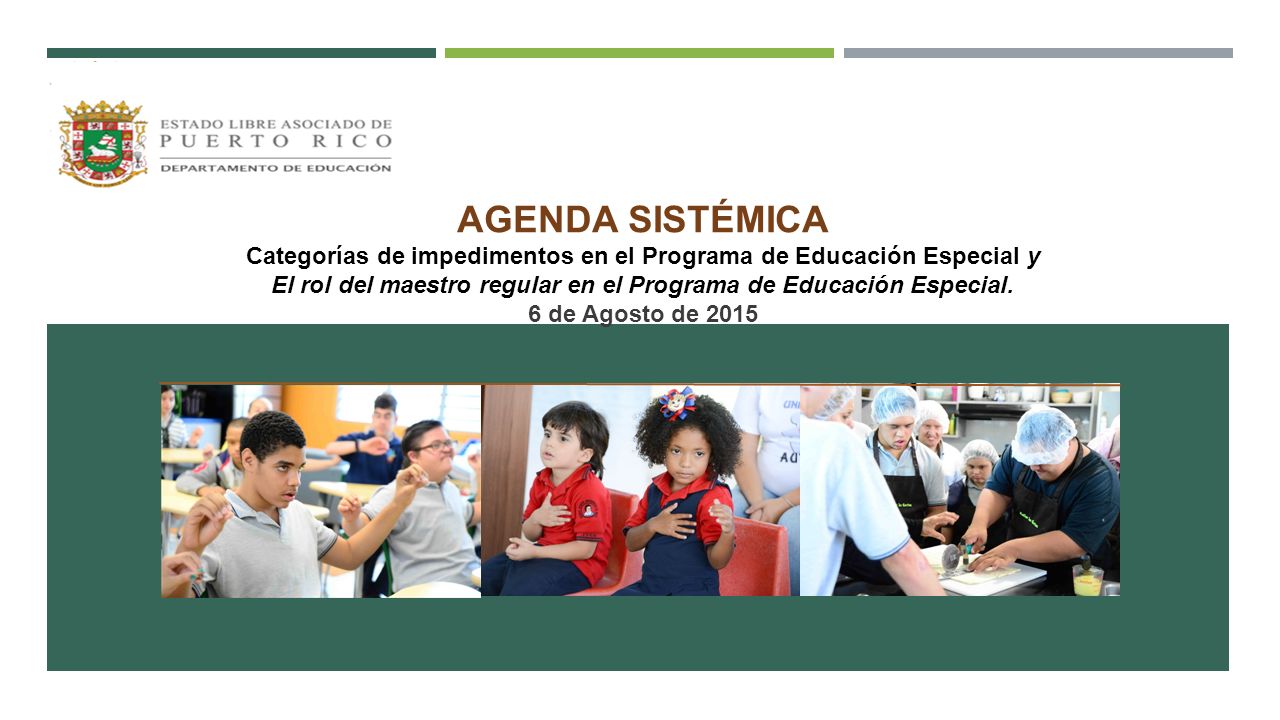 AGENDA SISTÉMICA Categorías de impedimentos en el Programa de Educación Especial y. El rol del maestro regular en el Programa de Educación Especial.