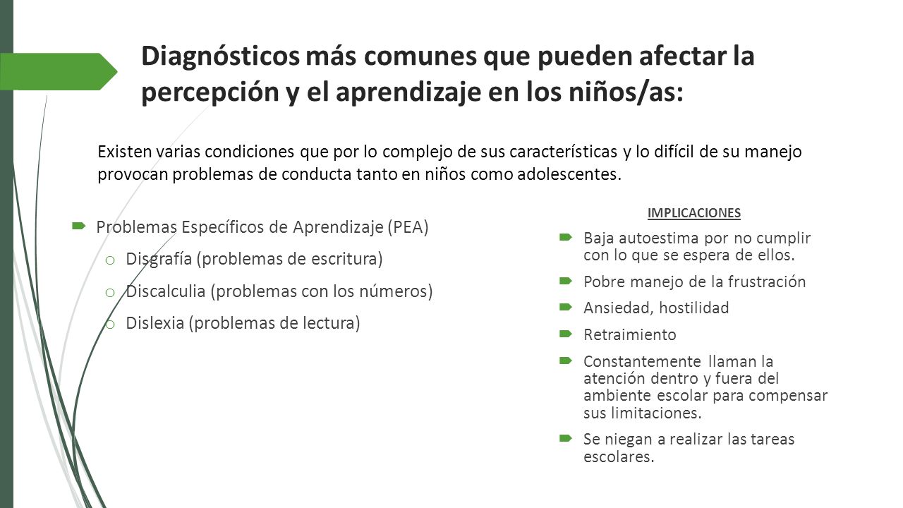 Diagnósticos más comunes que pueden afectar la percepción y el aprendizaje en los niños/as: