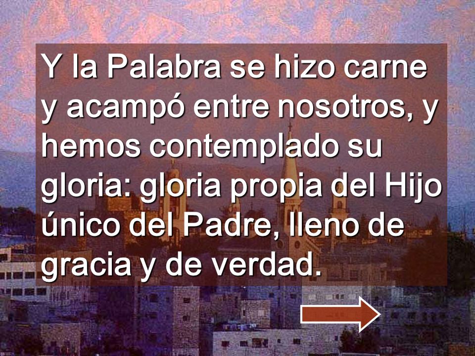 Y la Palabra se hizo carne y acampó entre nosotros, y hemos contemplado su gloria: gloria propia del Hijo único del Padre, lleno de gracia y de verdad.