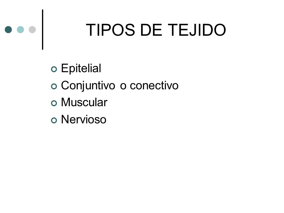 TIPOS DE TEJIDO Epitelial Conjuntivo o conectivo Muscular Nervioso
