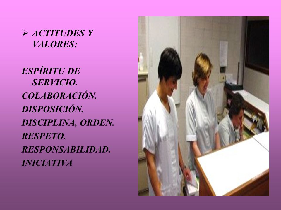 ACTITUDES Y VALORES: ESPÍRITU DE SERVICIO. COLABORACIÓN. DISPOSICIÓN. DISCIPLINA, ORDEN. RESPETO.
