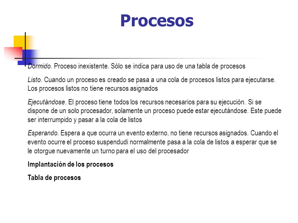 Procesos Dormido. Proceso inexistente. Sólo se indica para uso de una tabla de procesos.