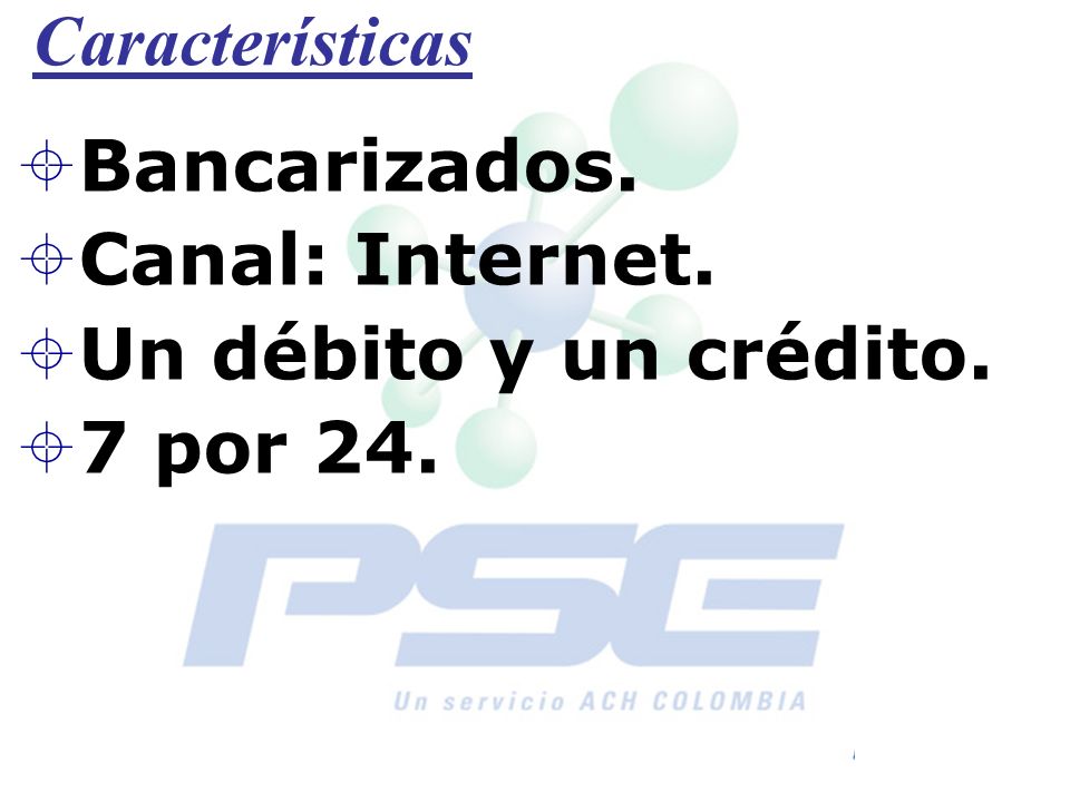 Características Bancarizados. Canal: Internet. Un débito y un crédito. 7 por 24.