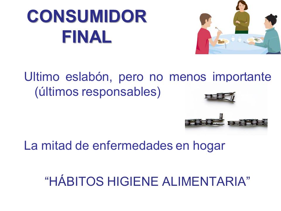 CONSUMIDOR FINAL Ultimo eslabón, pero no menos importante (últimos responsables) La mitad de enfermedades en hogar HÁBITOS HIGIENE ALIMENTARIA