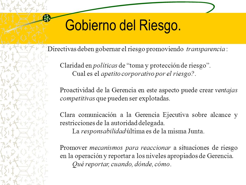 Gobierno del Riesgo. Directivas deben gobernar el riesgo promoviendo transparencia : Claridad en políticas de toma y protección de riesgo .