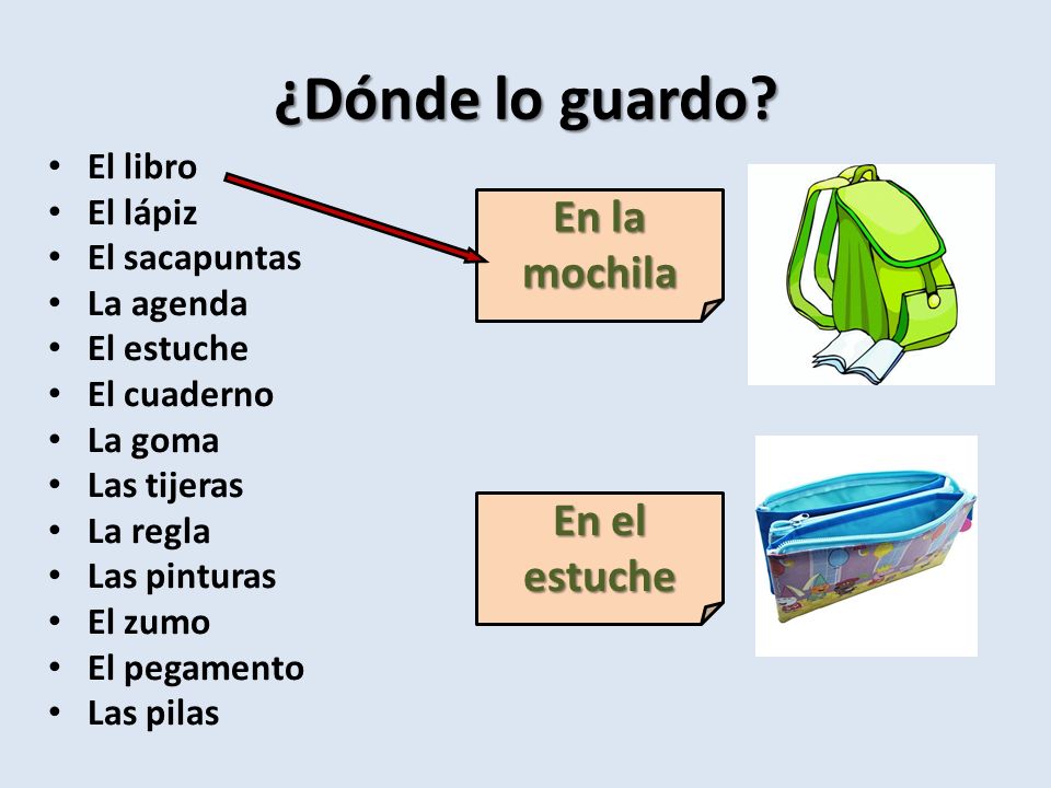 ¿Dónde lo guardo En la mochila En el estuche El libro El lápiz