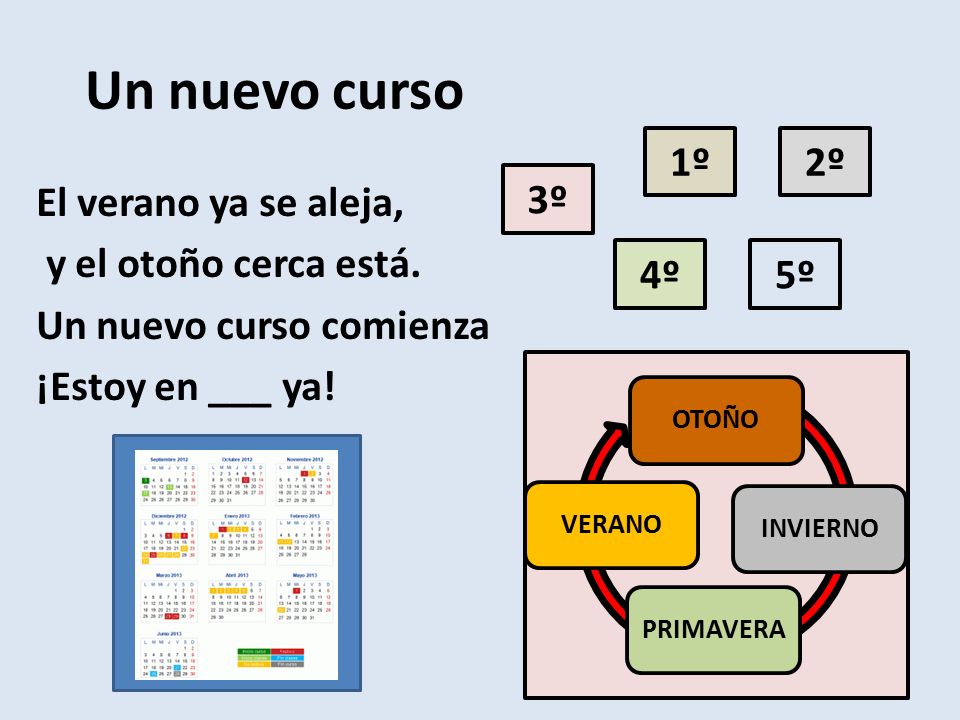 Un nuevo curso 1º. 2º. El verano ya se aleja, y el otoño cerca está. Un nuevo curso comienza ¡Estoy en ___ ya!