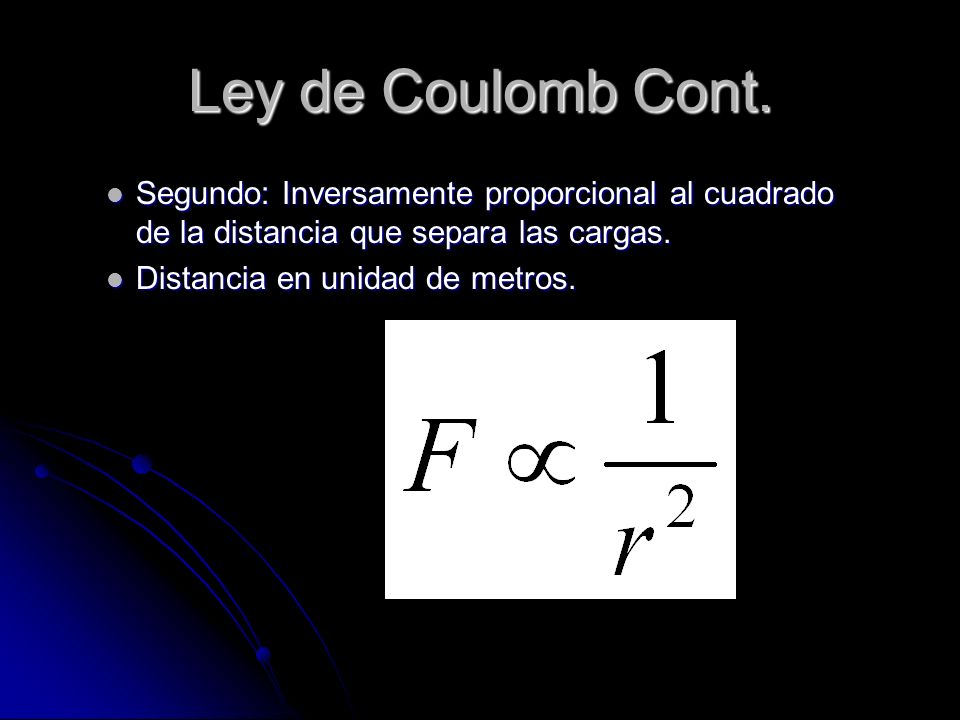 Ley de Coulomb Cont. Segundo: Inversamente proporcional al cuadrado de la distancia que separa las cargas.