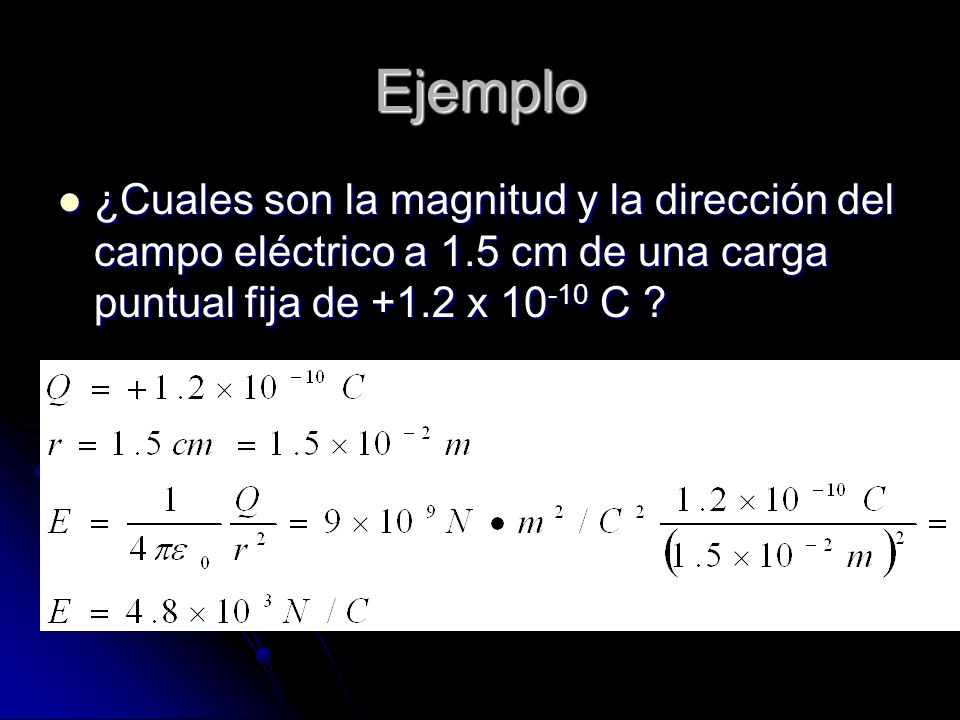 Ejemplo ¿Cuales son la magnitud y la dirección del campo eléctrico a 1.5 cm de una carga puntual fija de +1.2 x C