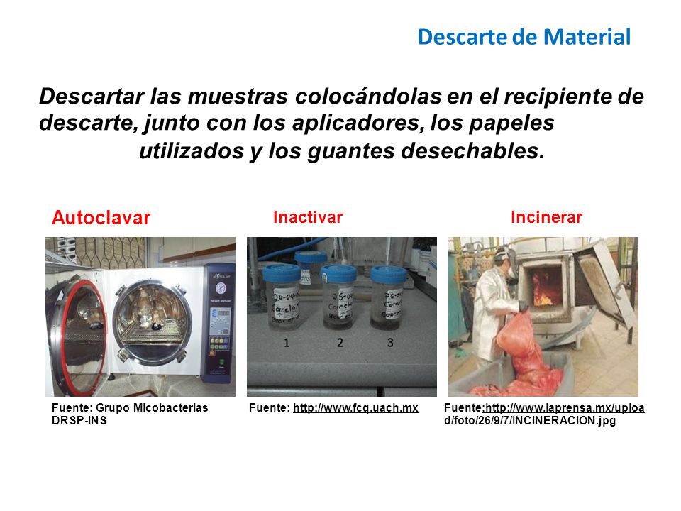 Descarte de Material Descartar las muestras colocándolas en el recipiente. descarte, junto con los aplicadores, los papeles.