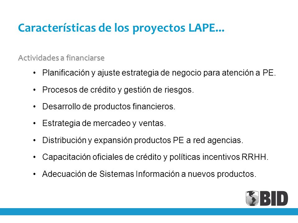 Características de los proyectos LAPE...