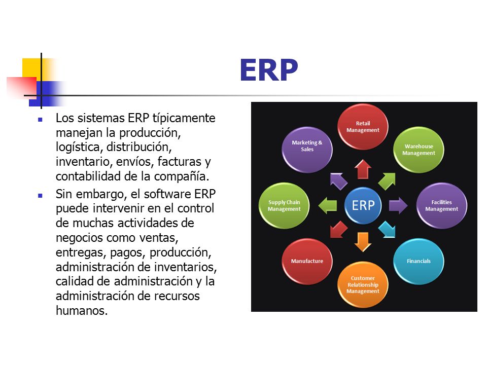 ERP Los sistemas ERP típicamente manejan la producción, logística, distribución, inventario, envíos, facturas y contabilidad de la compañía.
