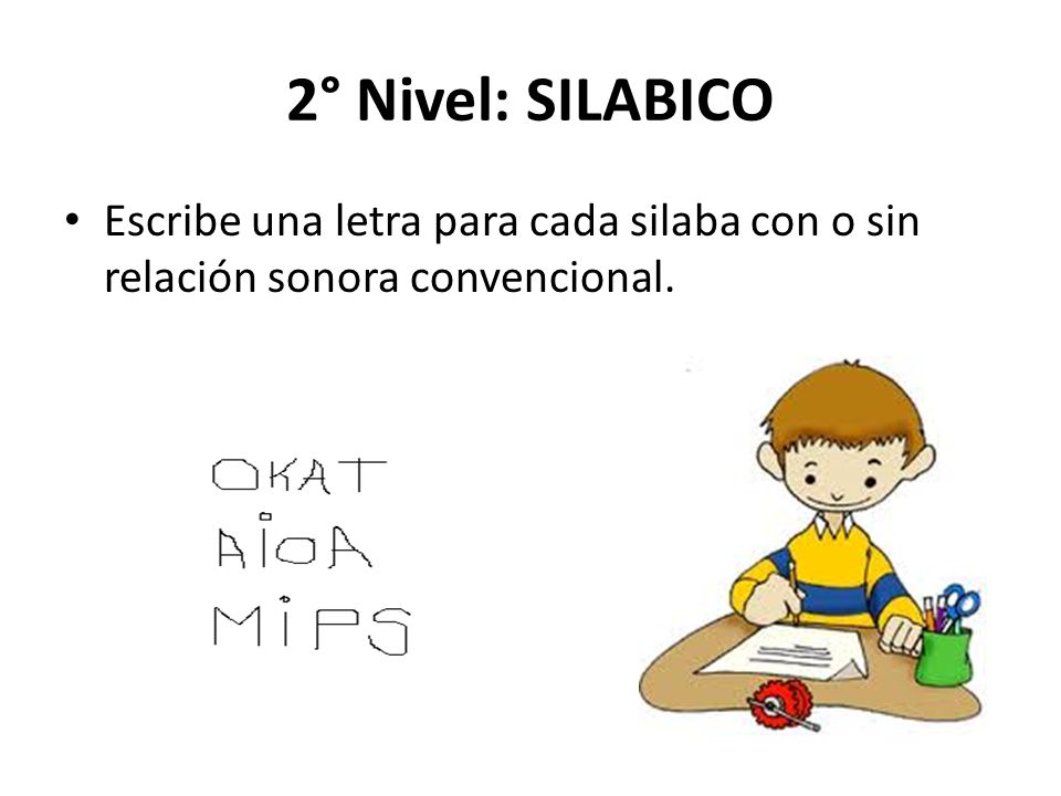 2° Nivel: SILABICO Escribe una letra para cada silaba con o sin relación sonora convencional.