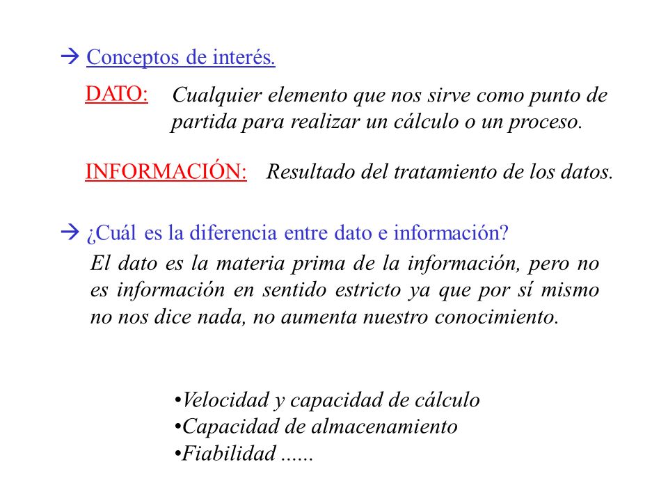  Conceptos de interés. DATO: Cualquier elemento que nos sirve como punto de partida para realizar un cálculo o un proceso.
