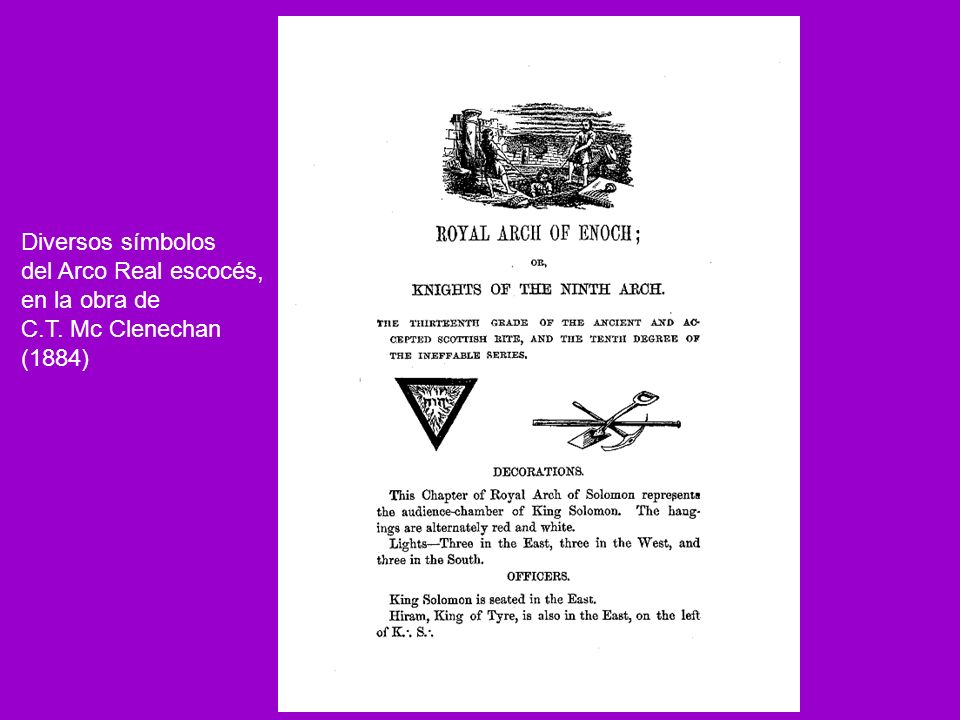 Diversos símbolos del Arco Real escocés, en la obra de C.T. Mc Clenechan (1884)