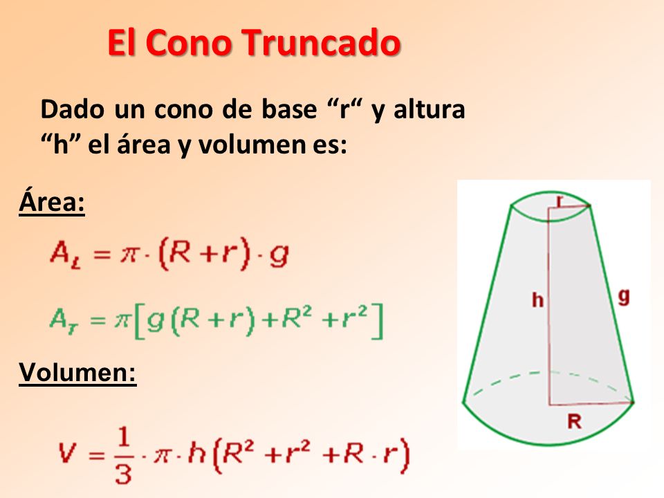 El Cono Truncado Dado un cono de base r y altura h el área y volumen es: Área: Volumen: