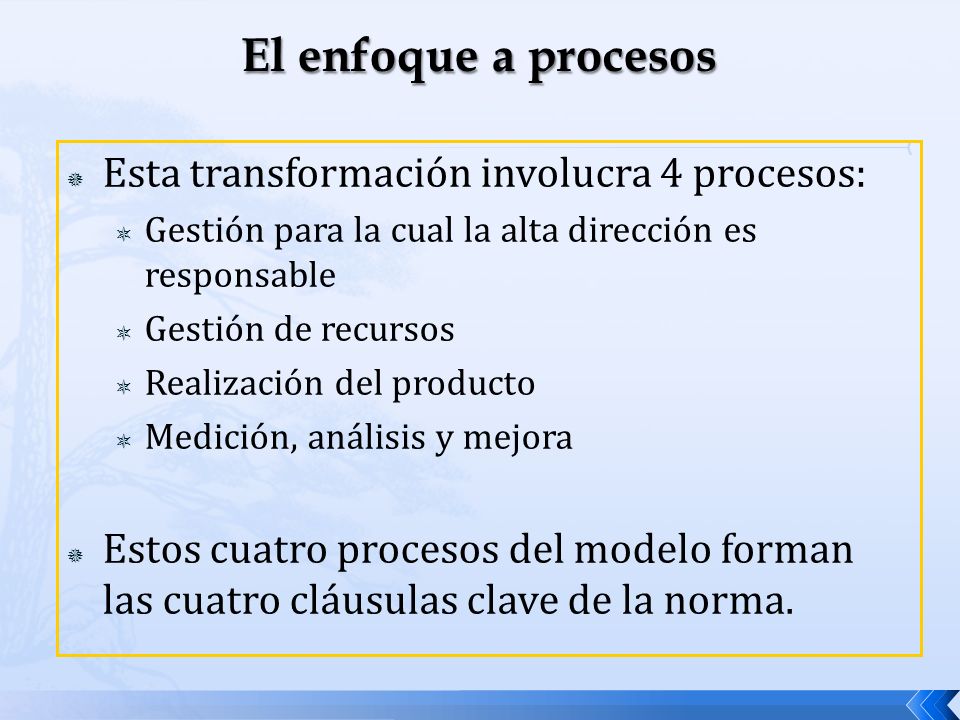 El enfoque a procesos Esta transformación involucra 4 procesos: