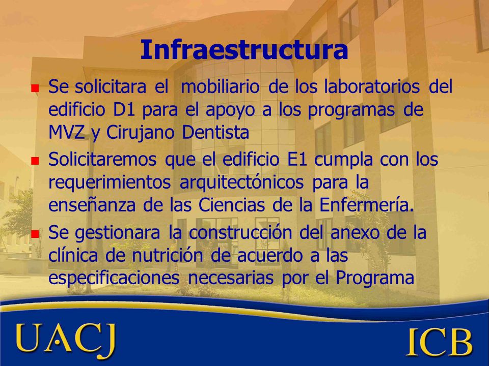 Infraestructura Se solicitara el mobiliario de los laboratorios del edificio D1 para el apoyo a los programas de MVZ y Cirujano Dentista.