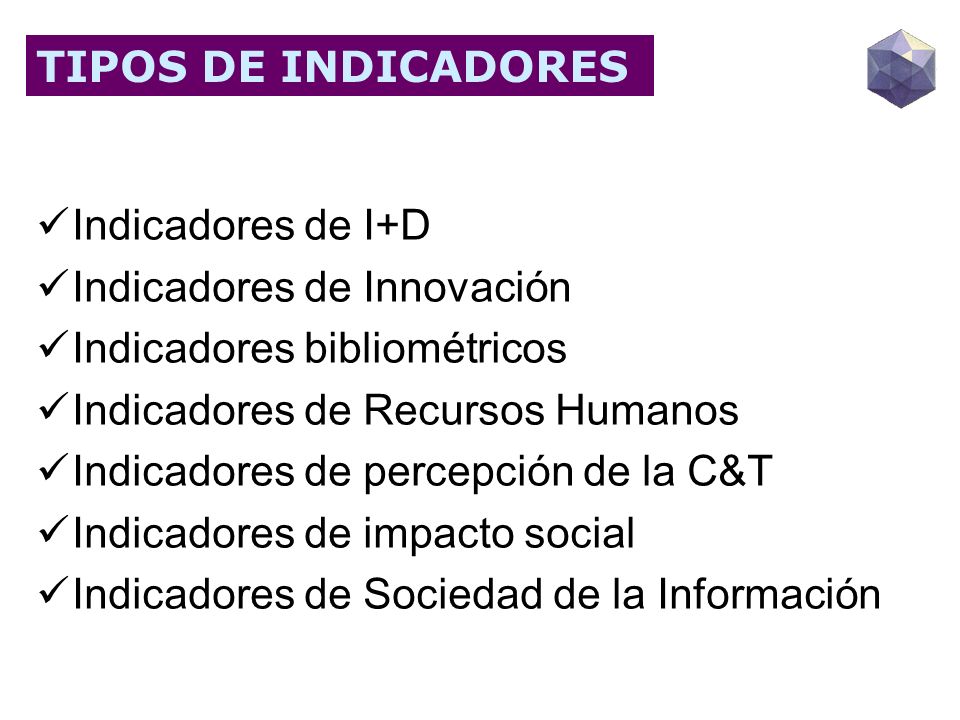TIPOS DE INDICADORES Indicadores de I+D. Indicadores de Innovación. Indicadores bibliométricos. Indicadores de Recursos Humanos.