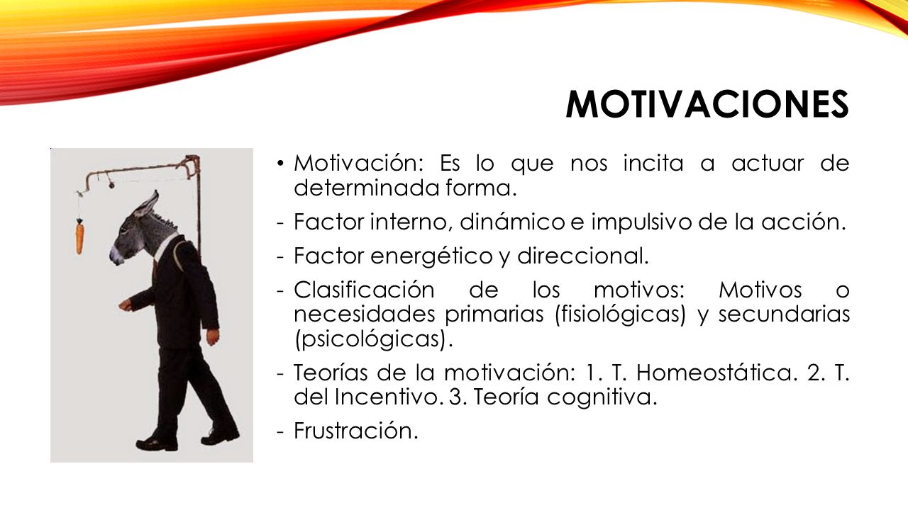 motivaciones Motivación: Es lo que nos incita a actuar de determinada forma. Factor interno, dinámico e impulsivo de la acción.