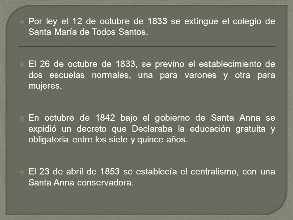 Por ley el 12 de octubre de 1833 se extingue el colegio de Santa María de Todos Santos.