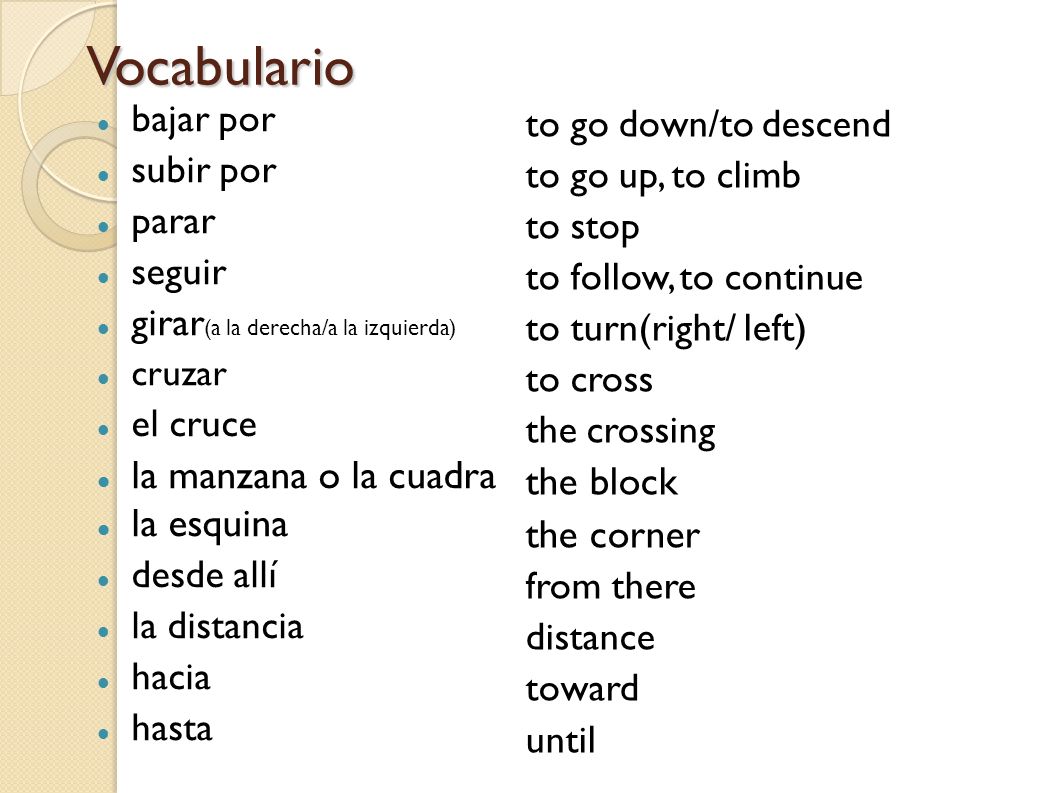 Vocabulario la manzana o la cuadra the block la esquina the corner