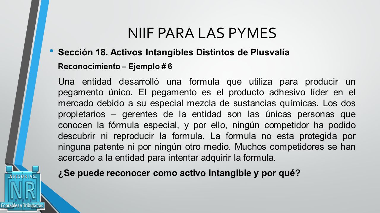 NIIF PARA LAS PYMES Sección 18. Activos Intangibles Distintos de Plusvalía. Reconocimiento – Ejemplo # 6.