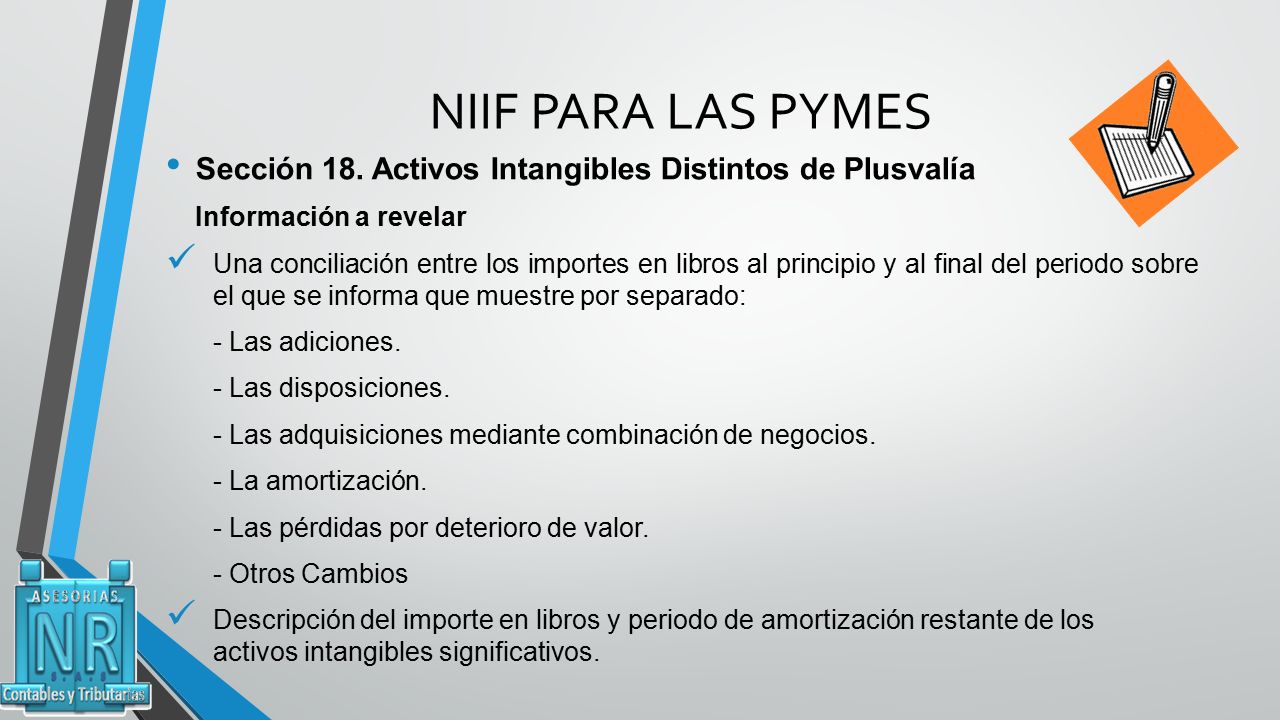 NIIF PARA LAS PYMES Sección 18. Activos Intangibles Distintos de Plusvalía. Información a revelar.