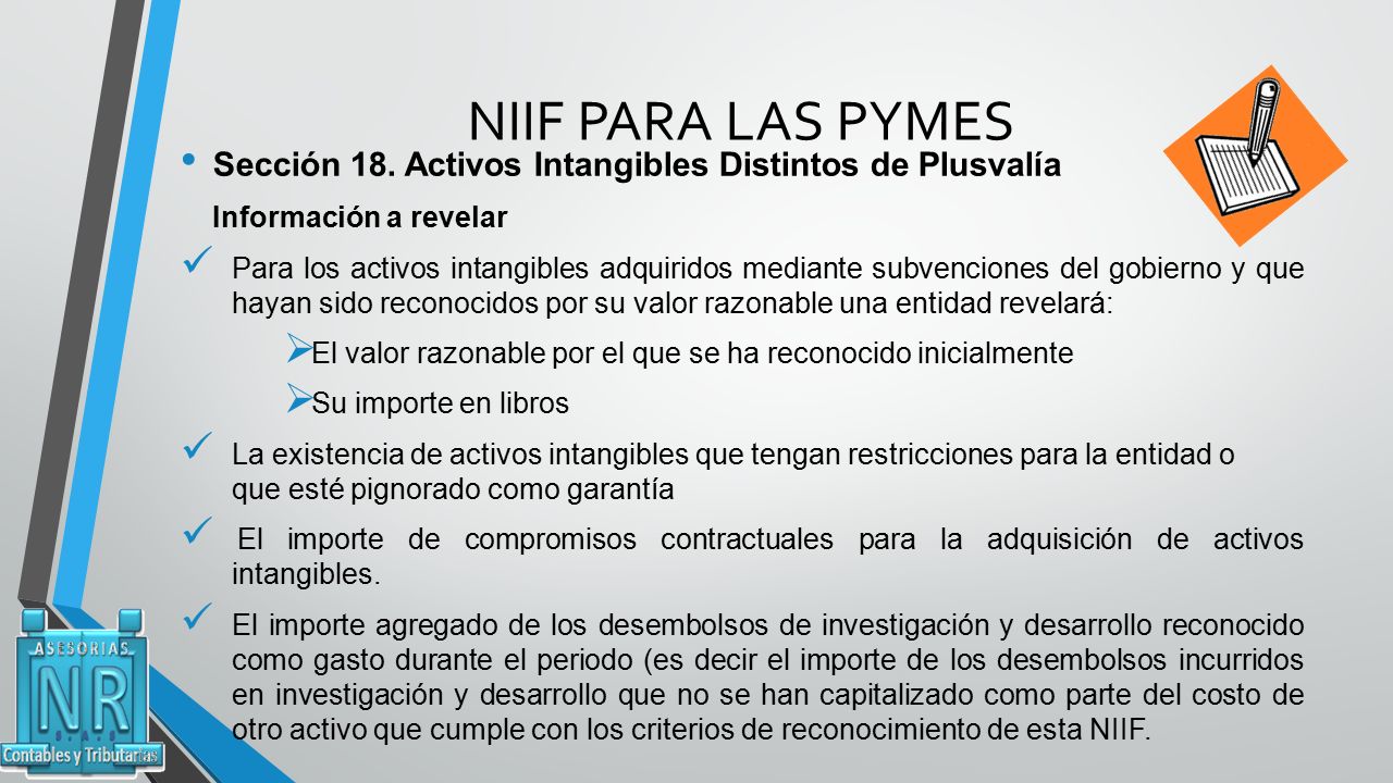 NIIF PARA LAS PYMES Sección 18. Activos Intangibles Distintos de Plusvalía. Información a revelar.