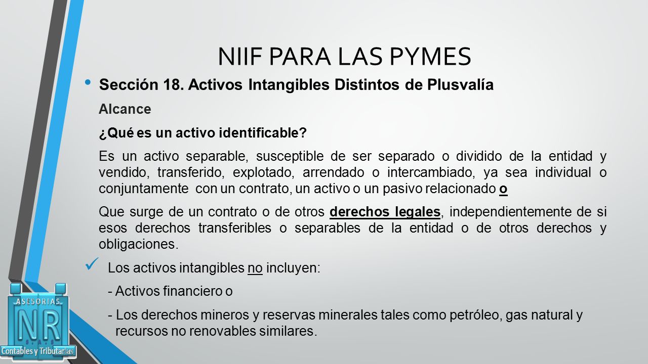 NIIF PARA LAS PYMES Sección 18. Activos Intangibles Distintos de Plusvalía. Alcance. ¿Qué es un activo identificable