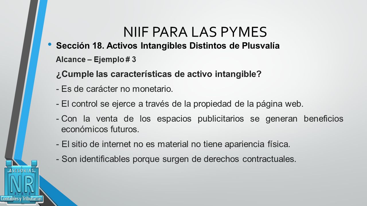 NIIF PARA LAS PYMES Sección 18. Activos Intangibles Distintos de Plusvalía. Alcance – Ejemplo # 3.