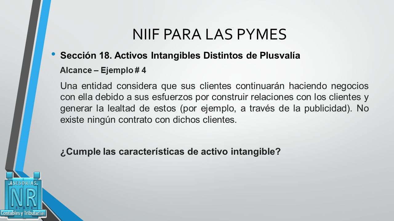 NIIF PARA LAS PYMES Sección 18. Activos Intangibles Distintos de Plusvalía. Alcance – Ejemplo # 4.
