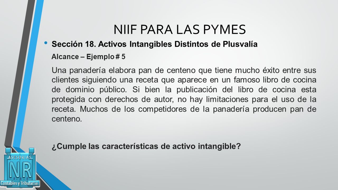 NIIF PARA LAS PYMES Sección 18. Activos Intangibles Distintos de Plusvalía. Alcance – Ejemplo # 5.