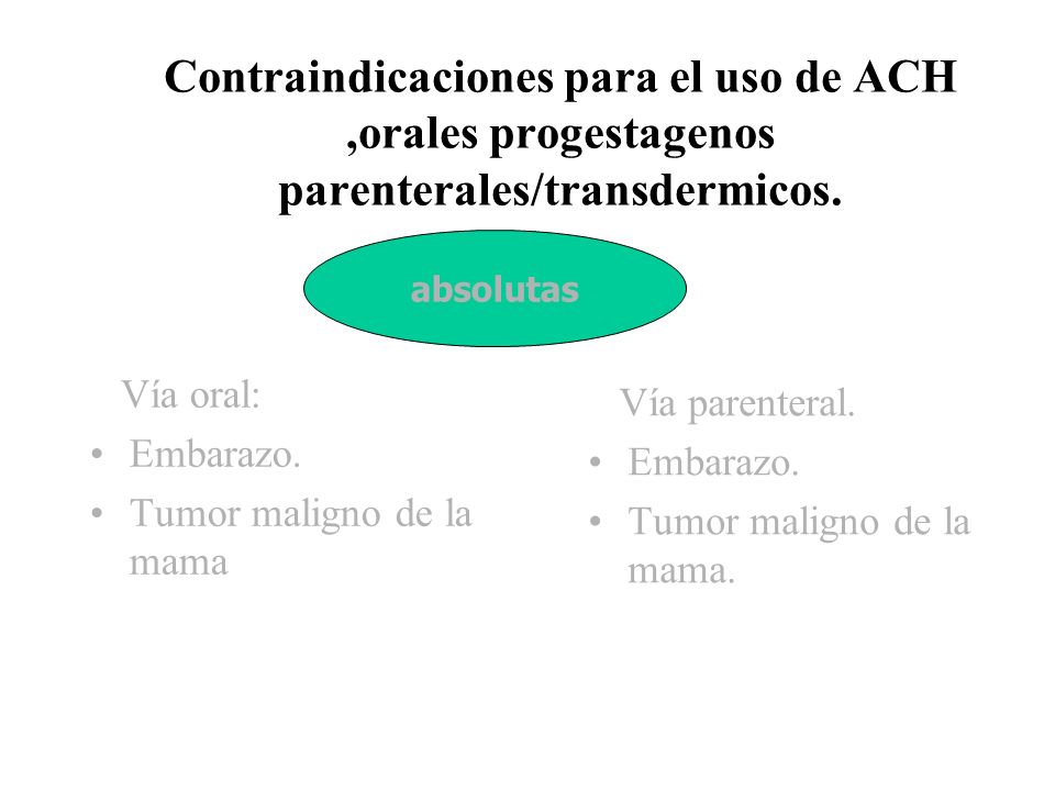 Contraindicaciones para el uso de ACH ,orales progestagenos parenterales/transdermicos.