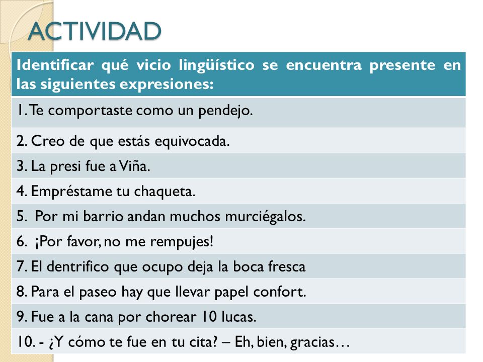 ACTIVIDAD Identificar qué vicio lingüístico se encuentra presente en las siguientes expresiones: 1. Te comportaste como un pendejo.