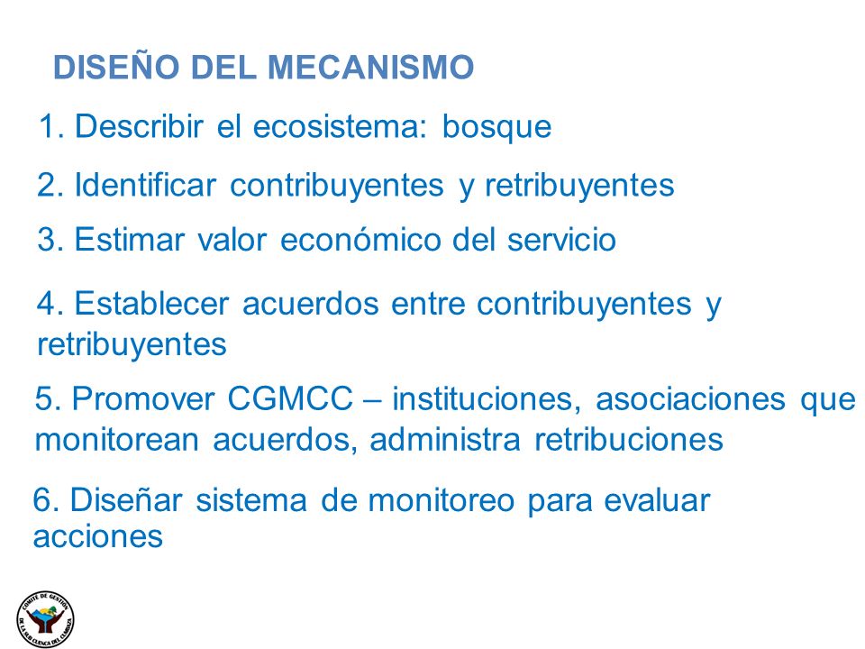 DISEÑO DEL MECANISMO 1. Describir el ecosistema: bosque. 2. Identificar contribuyentes y retribuyentes.