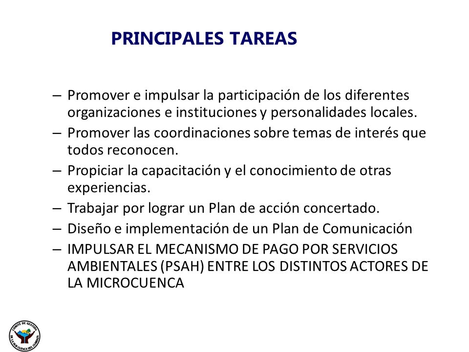 PRINCIPALES TAREAS Promover e impulsar la participación de los diferentes organizaciones e instituciones y personalidades locales.